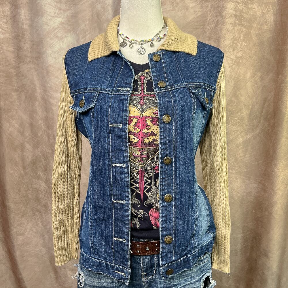 Denim Ribbed Knit Jacket Blue Tan Long Sleeve Button Up Vintage Y2K Indie Biker